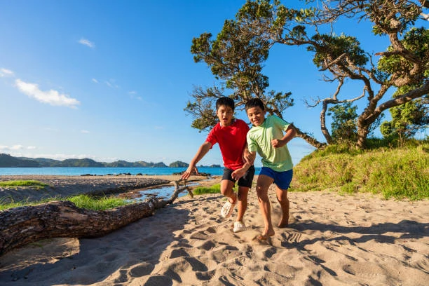 Kids Out At Beach Playing And Enjoying Themselves In Northland, New Zealand.